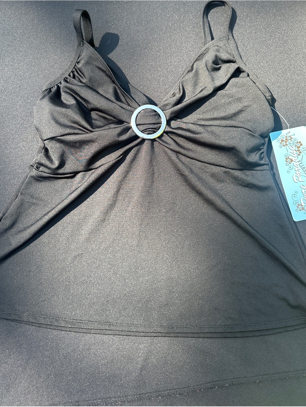 Pure Paradise Black Tankini Top Bra Sized 36C Ring Front Swim Top NWT
